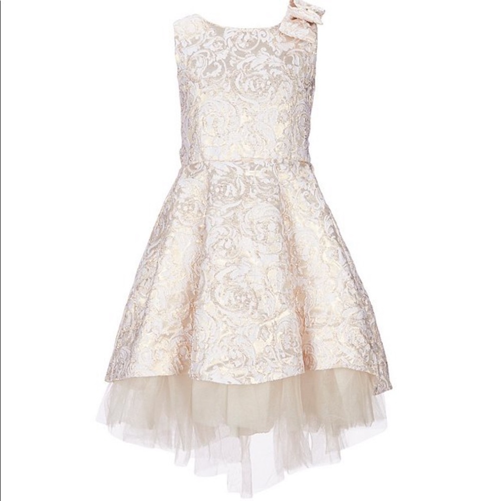 Ivory Metallic Jacquard Hi-Low Flower Girl Dress